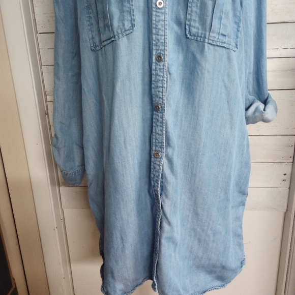 Philosophy Women's Size XL Blue Denim Long Shirt Dress Roll Tab Sleeve Pockets - Picture 3 of 15